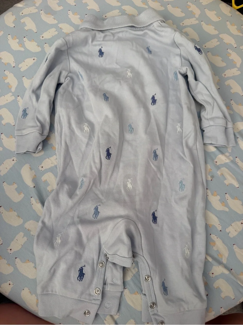 Ralph Lauren Light Blue Polo Footie with Embroidered Pony Logos & beanie